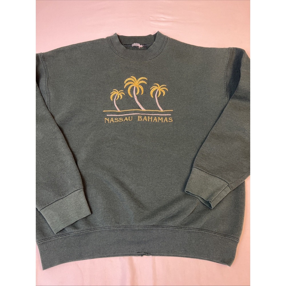 Vintage Nassau Bahamas Embroidered Palm Tree Sweatshirt Green Mens XL